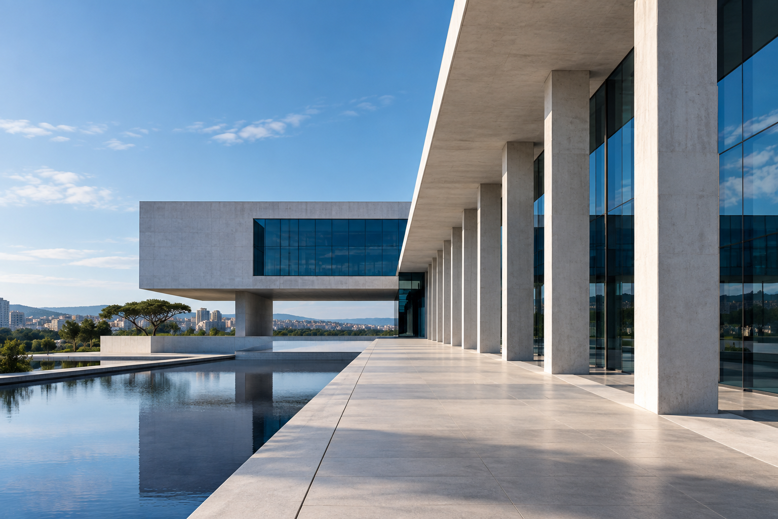 Composição arquitetônica ilustrativa em concreto claro e vidro azul.